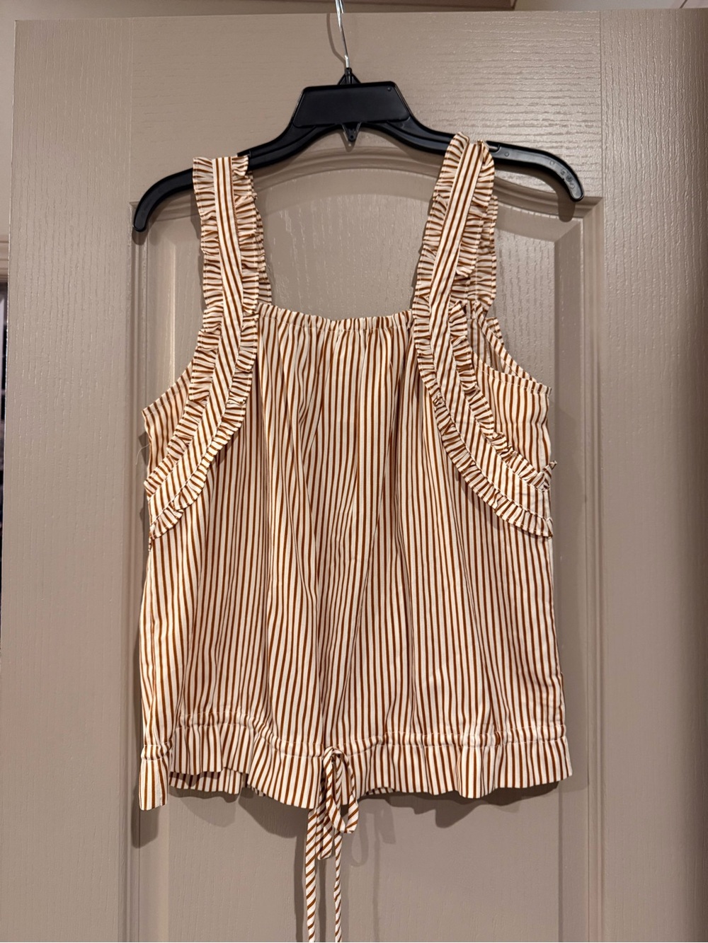 Hem and Thread Striped Ruffle Tie-Hem Women's Tank Top - Cream/Brown